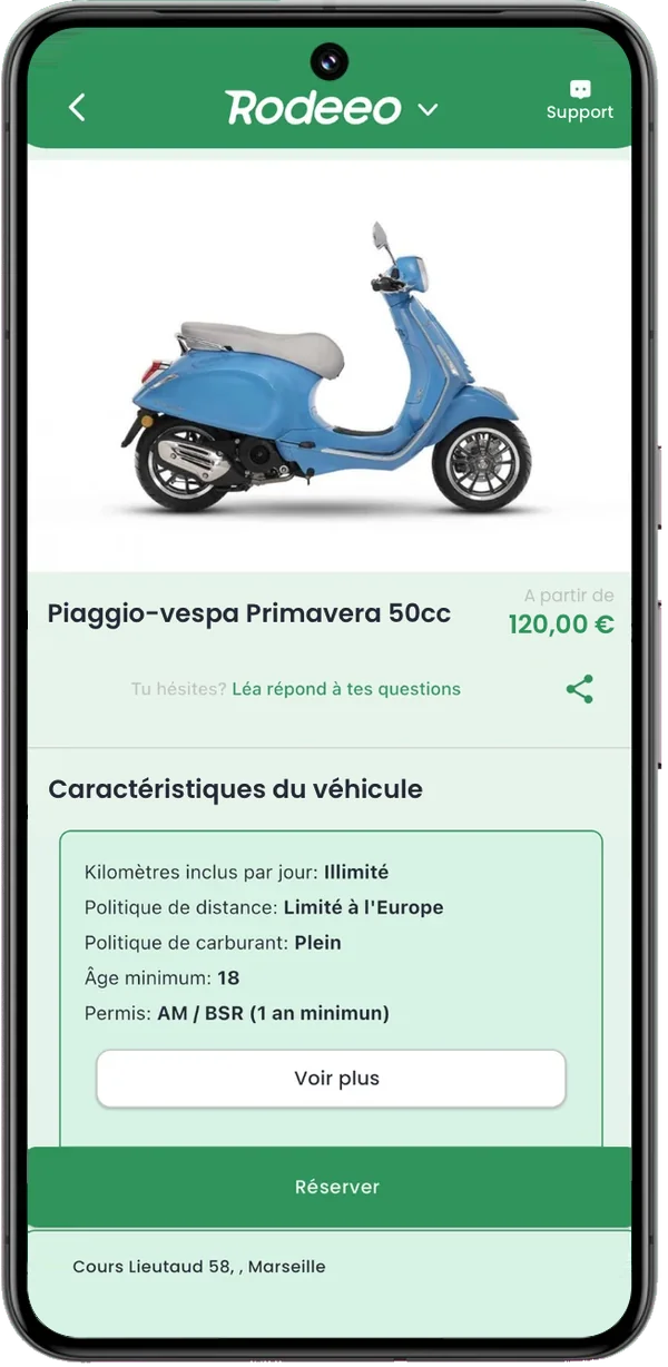 Capture de l’application Rodeeo : fiche d’un scooter à louer